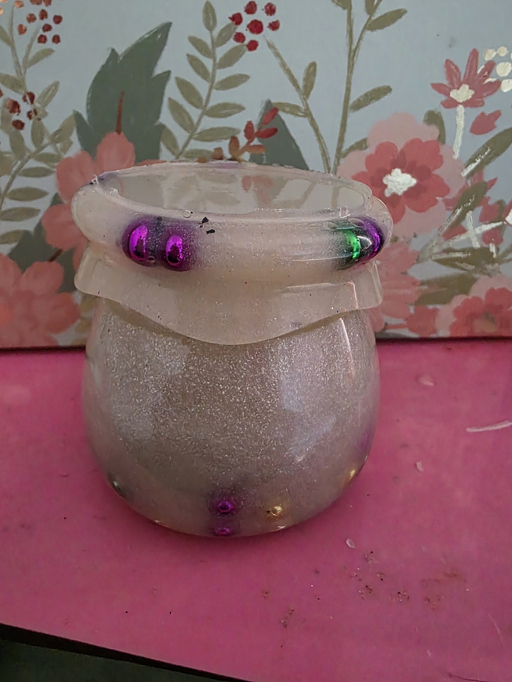Source Unknown Iridescent Glass Jar with Pink and Purple Accents
